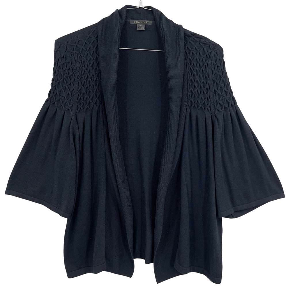 August Silk Black Open Front‎ Cardigan Smocked Lattice Bell Sleeve XL